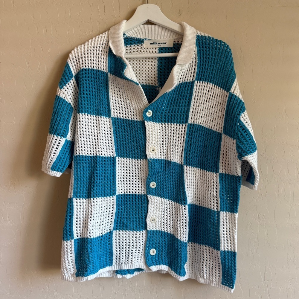 Milkwear Crochet Unisex Checkered Knot Polo Button Down Shirt Blue White XLarge - Picture 3 of 8